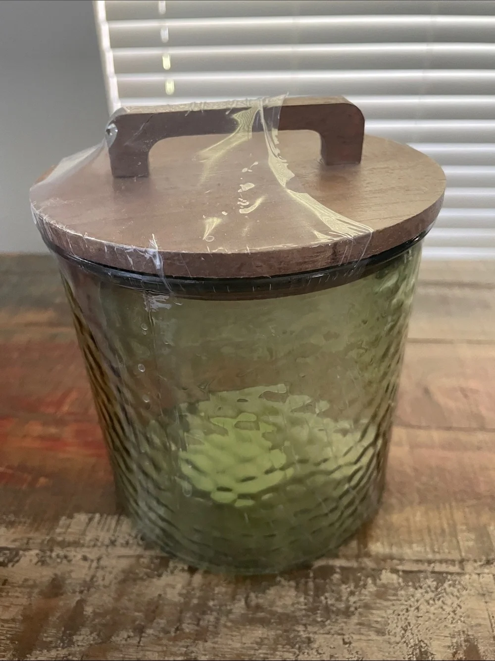 Salt & Pepper Shakers w/ Wood Holder - Gold & Green Glass Canister w/ Wood Lid